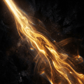 Fluid golden light beam flowing through a dark, rocky space with glowing particles.