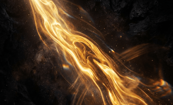 Fluid golden light beam flowing through a dark, rocky space with glowing particles.
