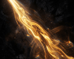 Fluid golden light beam flowing through a dark, rocky space with glowing particles.