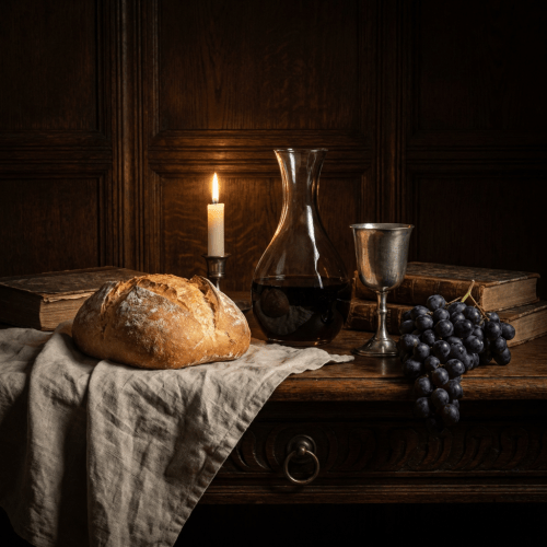 Candlelit still life with a loaf of bread, wine decanter, grapes, and old books.