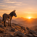Donkey standing on rocky terrain with a sunset and mountains in the background