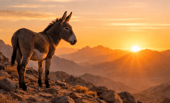 Donkey standing on rocky terrain with a sunset and mountains in the background