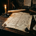 A parchment family tree of the Havenscroft family from 1190 to 1478 on a wooden desk with candle and scroll