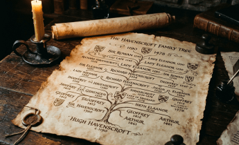 A parchment family tree of the Havenscroft family from 1190 to 1478 on a wooden desk with candle and scroll