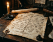 A parchment family tree of the Havenscroft family from 1190 to 1478 on a wooden desk with candle and scroll