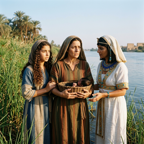 Three women by a riverbank, one holding a baby in a basket, dressed in ancient Egyptian-style clothing