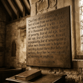 Wooden plaque with a G.K. Chesterton quote about fear and belief inside a stone church