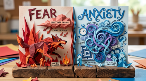 Paper sculpture depicting fear with immediate threat and fight or flight and anxiety with worry and uncertainty