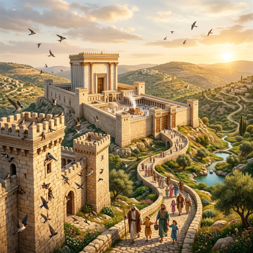 People walking on a stone path leading to a large ancient temple with hills and a river in the background under a sunset sky
