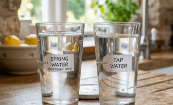 Two glasses of water labeled 'Spring Water' and 'Tap Water' on a wooden counter