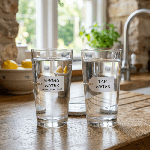 Two glasses of water labeled 'Spring Water' and 'Tap Water' on a wooden counter
