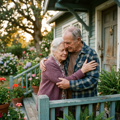 Elderly man and woman hugging affectionately on a porch with flowers
