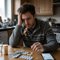 Man with thermometer in mouth holding head, several pills and phone on table