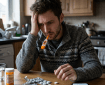 Man with thermometer in mouth holding head, several pills and phone on table