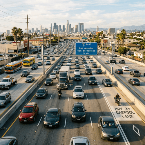 Vehicles densely packed on a Los Angeles freeway with HOV lane and downtown skyscrapers