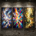 Three framed abstract paintings displayed on a rustic stone wall